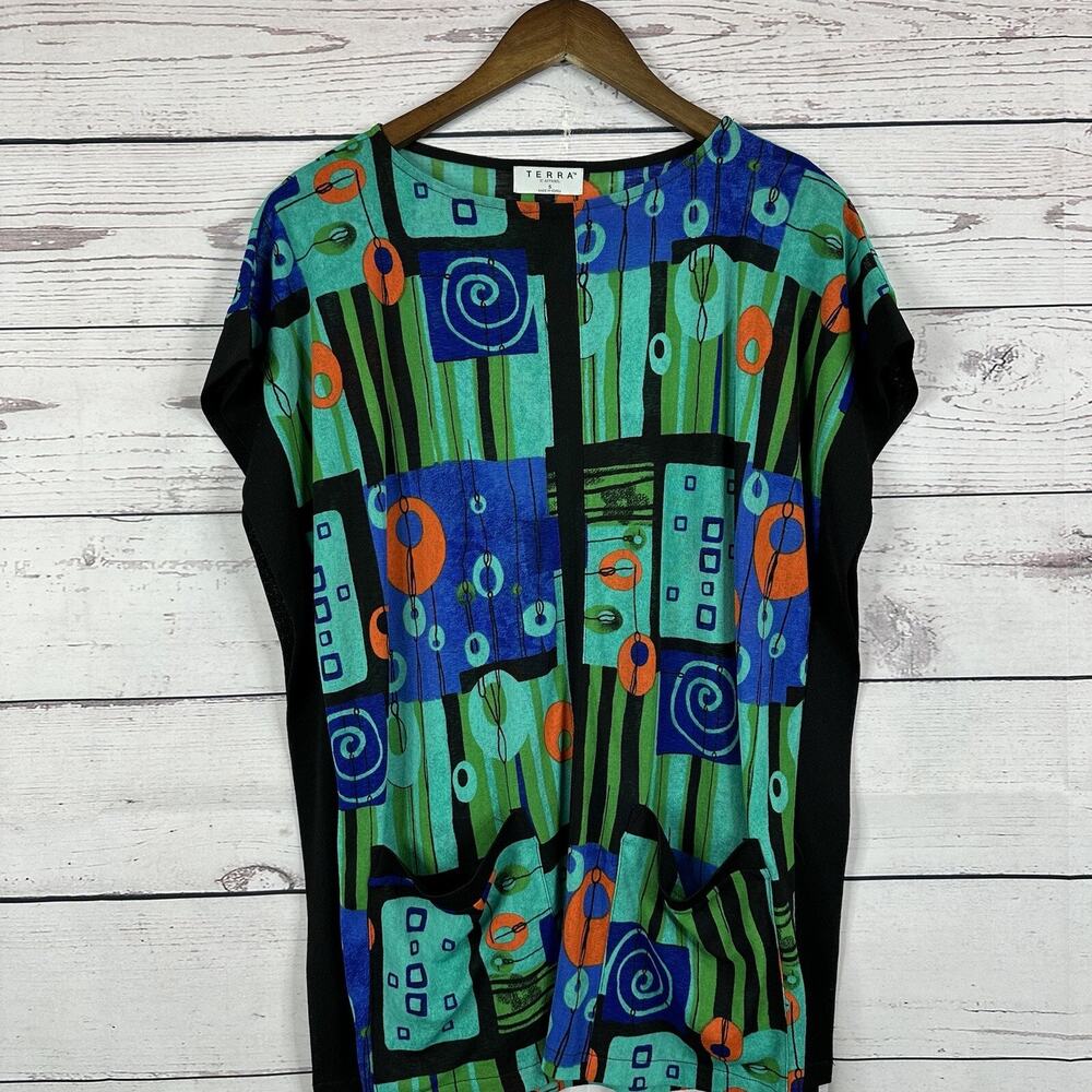 Terra SJ Apparel Tunic Womens Small Blue Geometric Art Slinky Oversize Shirt Top